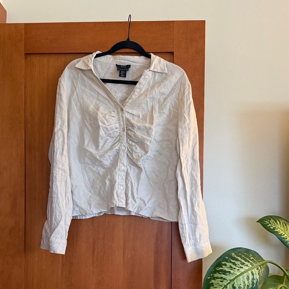 Tahari Cream Button-Down Linen Shirt with Ruched Front
